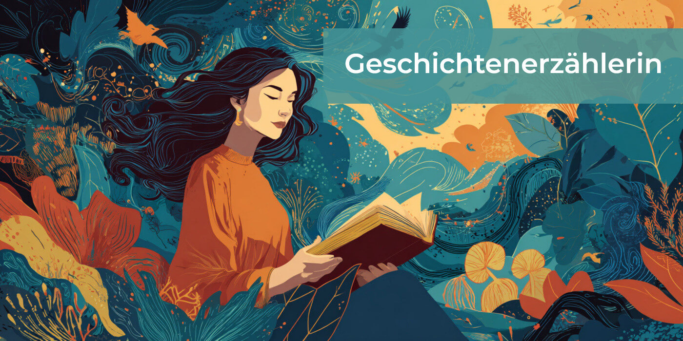 Bildbeschreibung: dunkelhaarige Frau mit einem Buch vor eine fantasievollen bunten Hintergrund