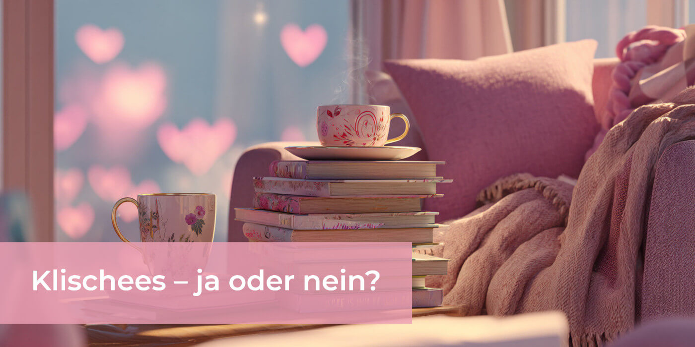 Bildbeschreibung: kuscheliger Sessel mit einem Stapel Bücher und Herzen im Hintergrund.