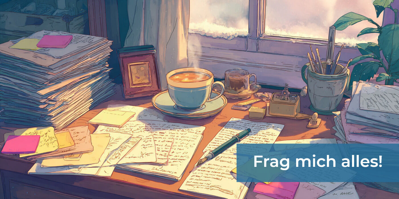 Bildbeschreibung: chaotischer Schreibtisch mit reichlich Papieren, Klebezetteln und einer dampfenden Tasse Kaffee.